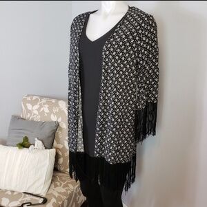 Millau black white floral fringe kimono cardi top